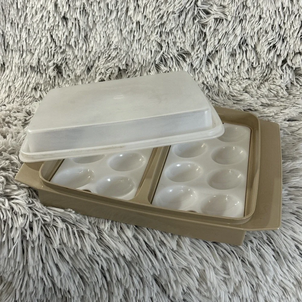 Vintage Tupperware Deviled Egg Carrier Beige White Double Tray 16 Egg Server USA